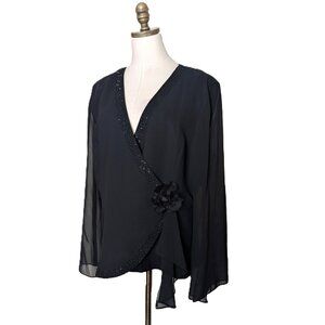 VTG Sheri Martin Formal Beaded Faux Wrap Blouse Size 18 Black Special Occasion